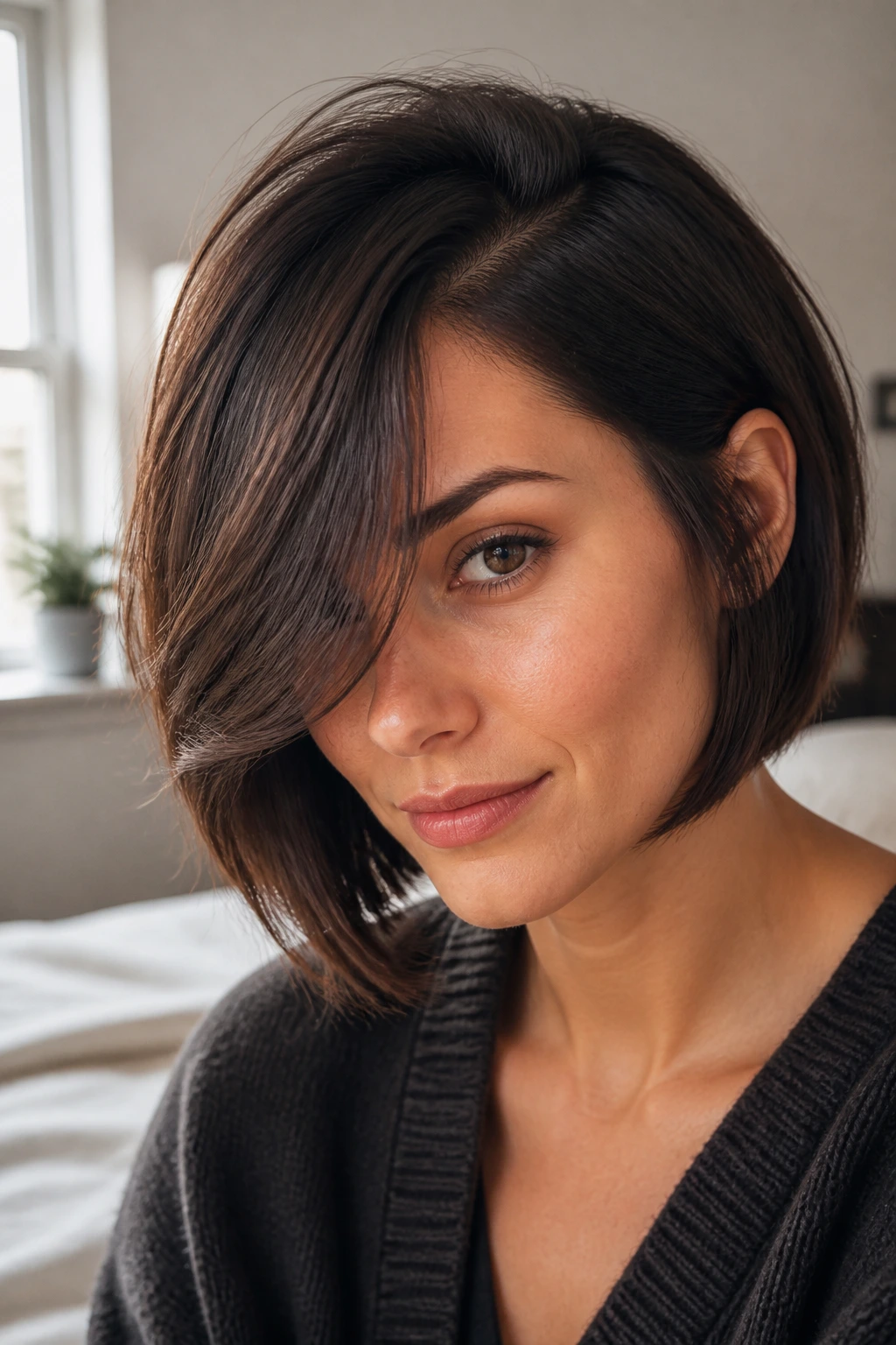 Close-up portrait of a woman with a deep side-parted bob and curtain bangs, warm window light