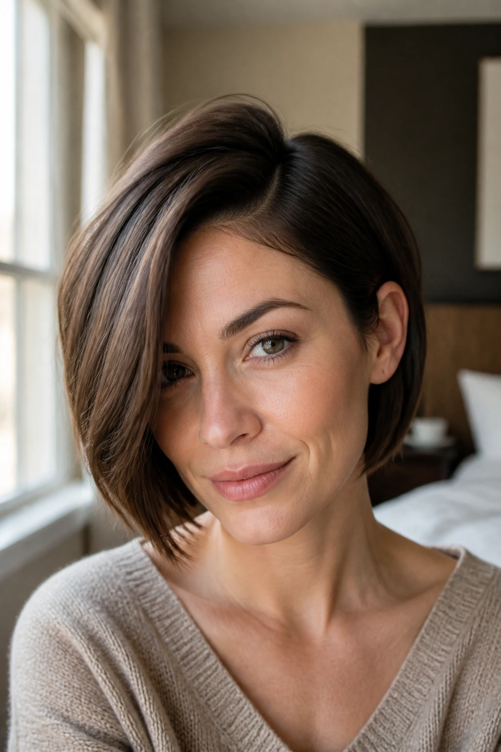 Close-up of a real woman with a deep side-parted chin-length bob showing root volume.