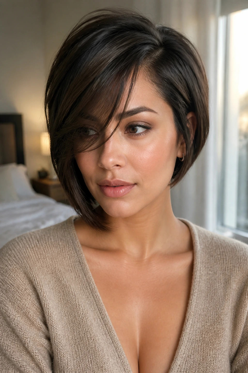 Close-up portrait of a real woman with a deep side-parted bob and long curtain bangs in warm bedroom light.