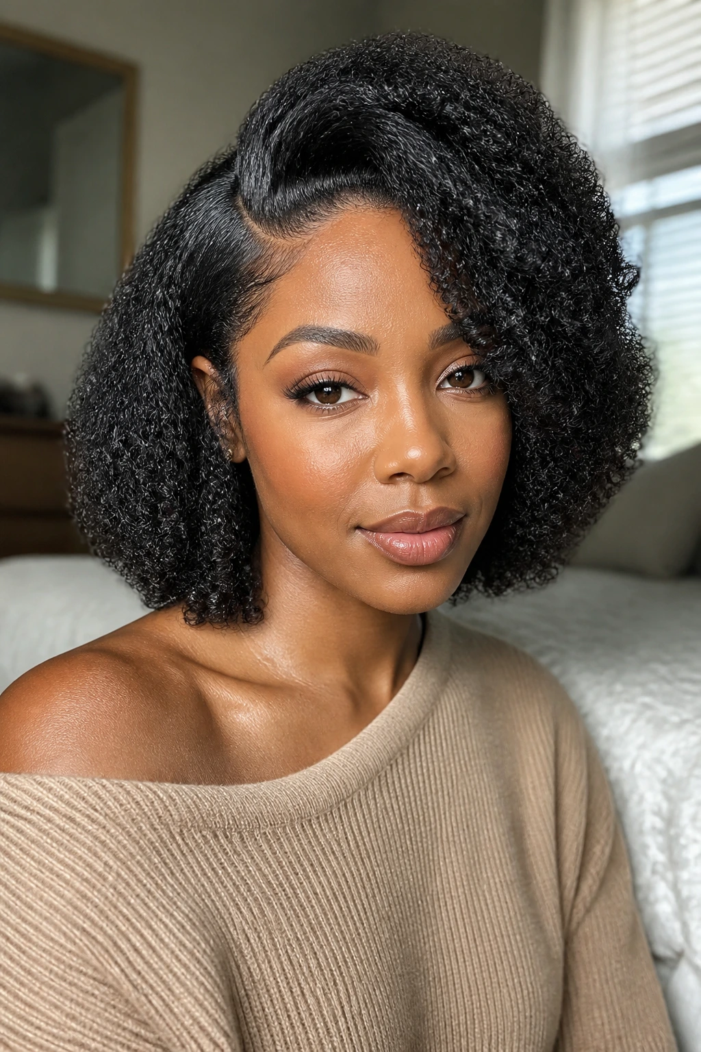 Close-up portrait of a real woman with a deep side-parted bob in a sunlit bedroom