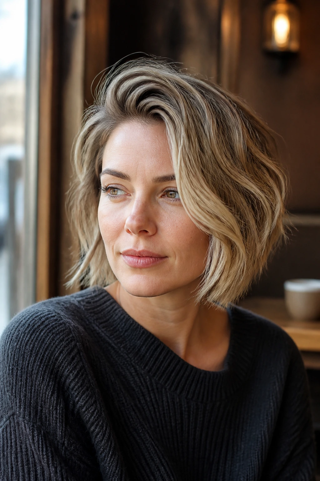 Close-up of a woman with a deep side-parted wavy bob