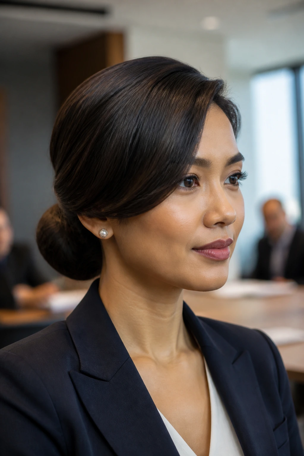 Portrait of a real woman with a deep side-parted low chignon in a conference room