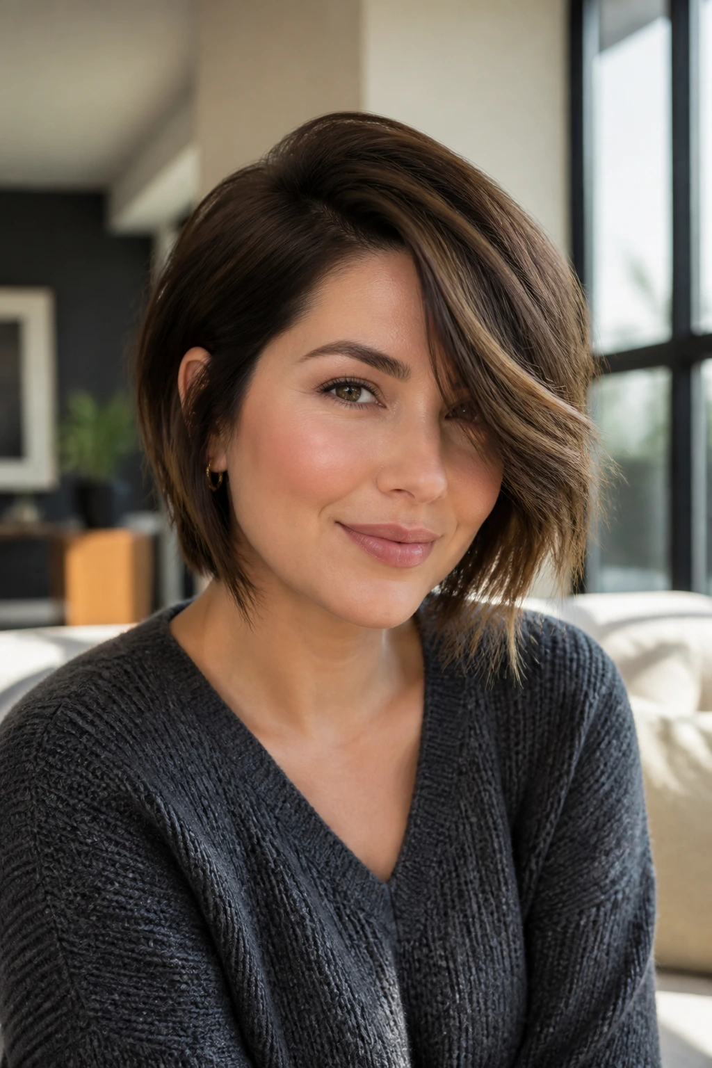 Close-up portrait of a woman with deep side-parted layered bob.
