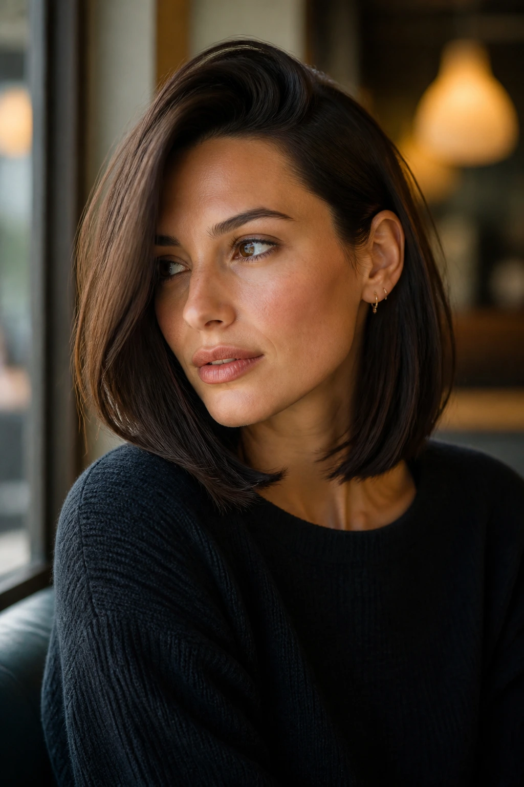 Real woman with a deep side-parted lob and tucked-ear detail