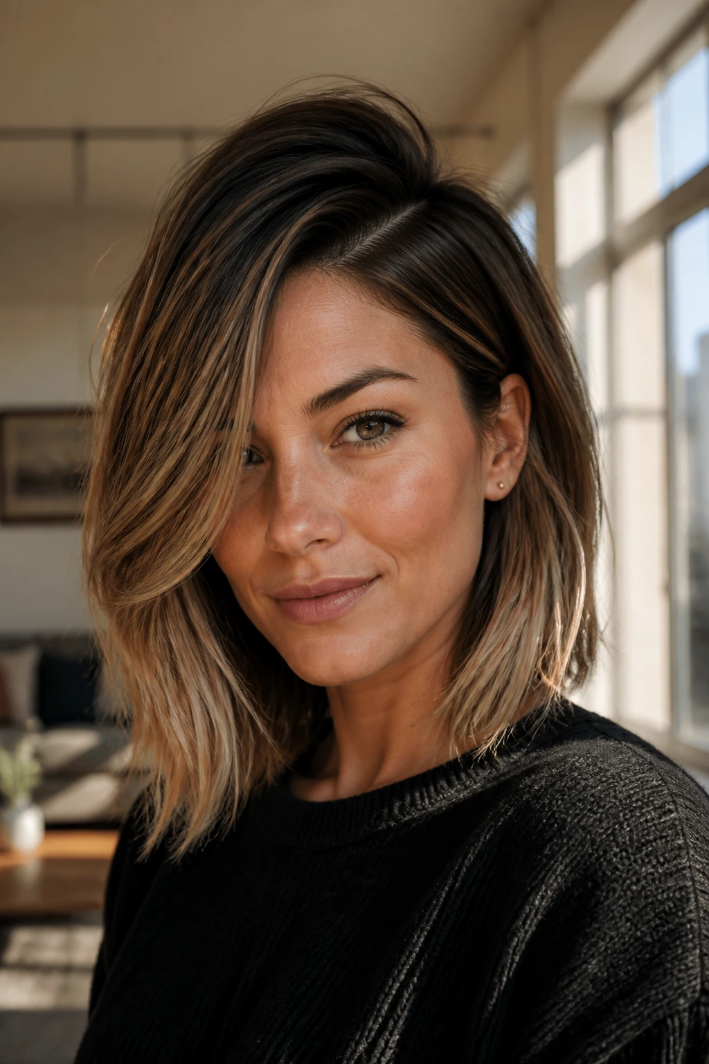 Close-up of a real woman with a deep side-parted lob.
