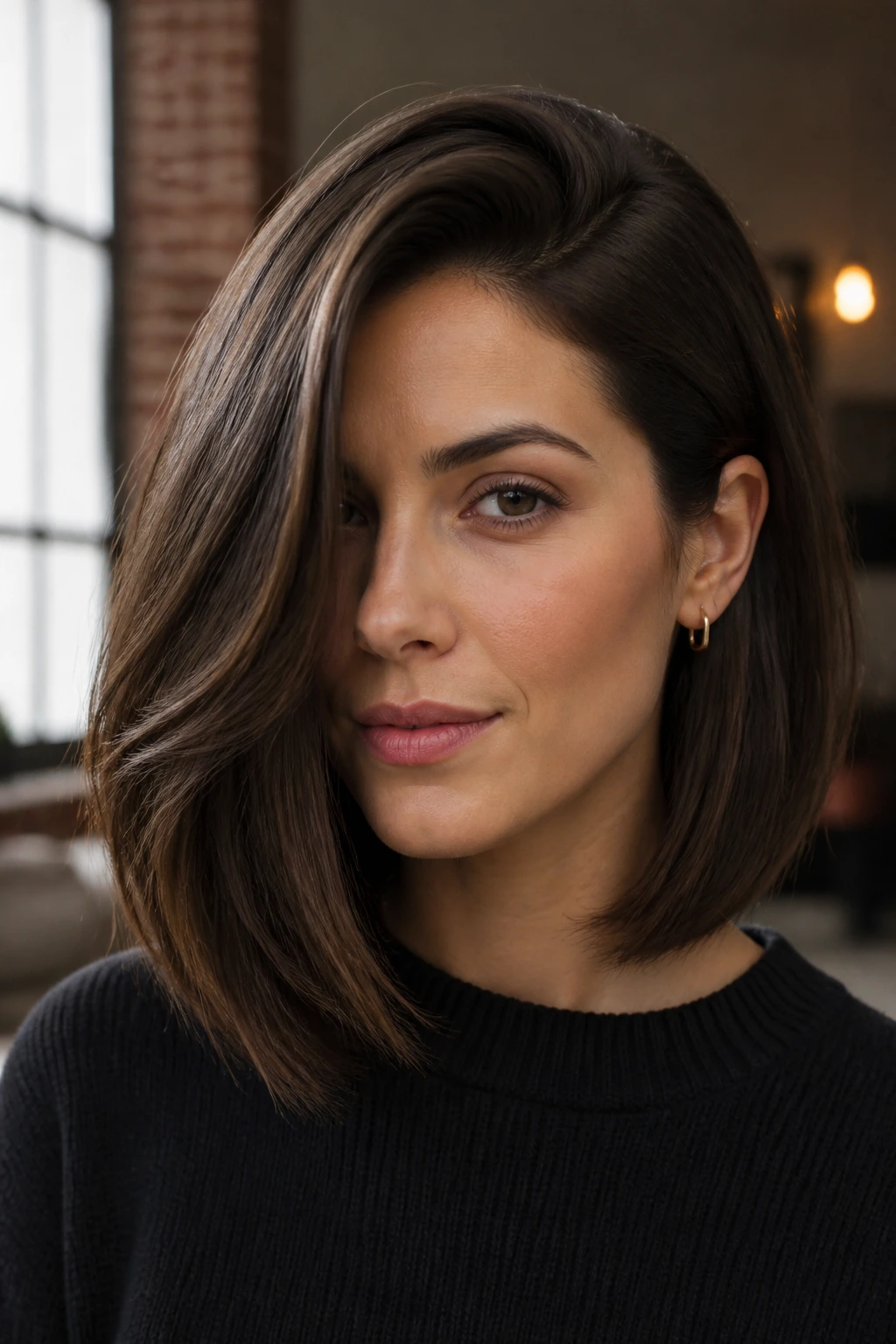 Real person with deep side-parted lob tucked behind ear in warm loft