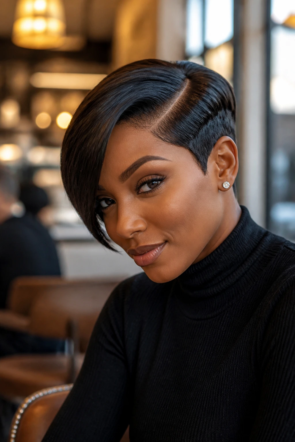 Real person with deep side-parted pixie and molded sides