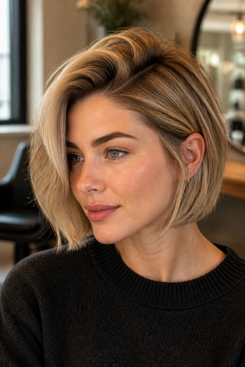 Close-up of a real woman with a deep side-parted sandy blond bob in natural window light
