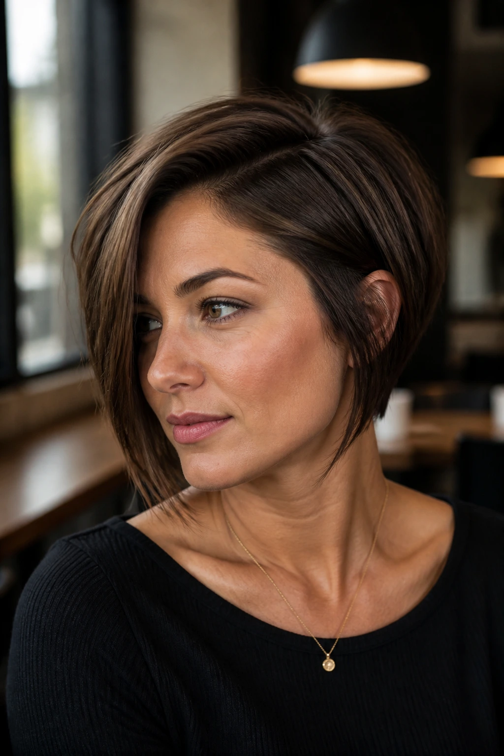 Close-up of a real woman with deep side-parted stacked bob showing longer side along jaw