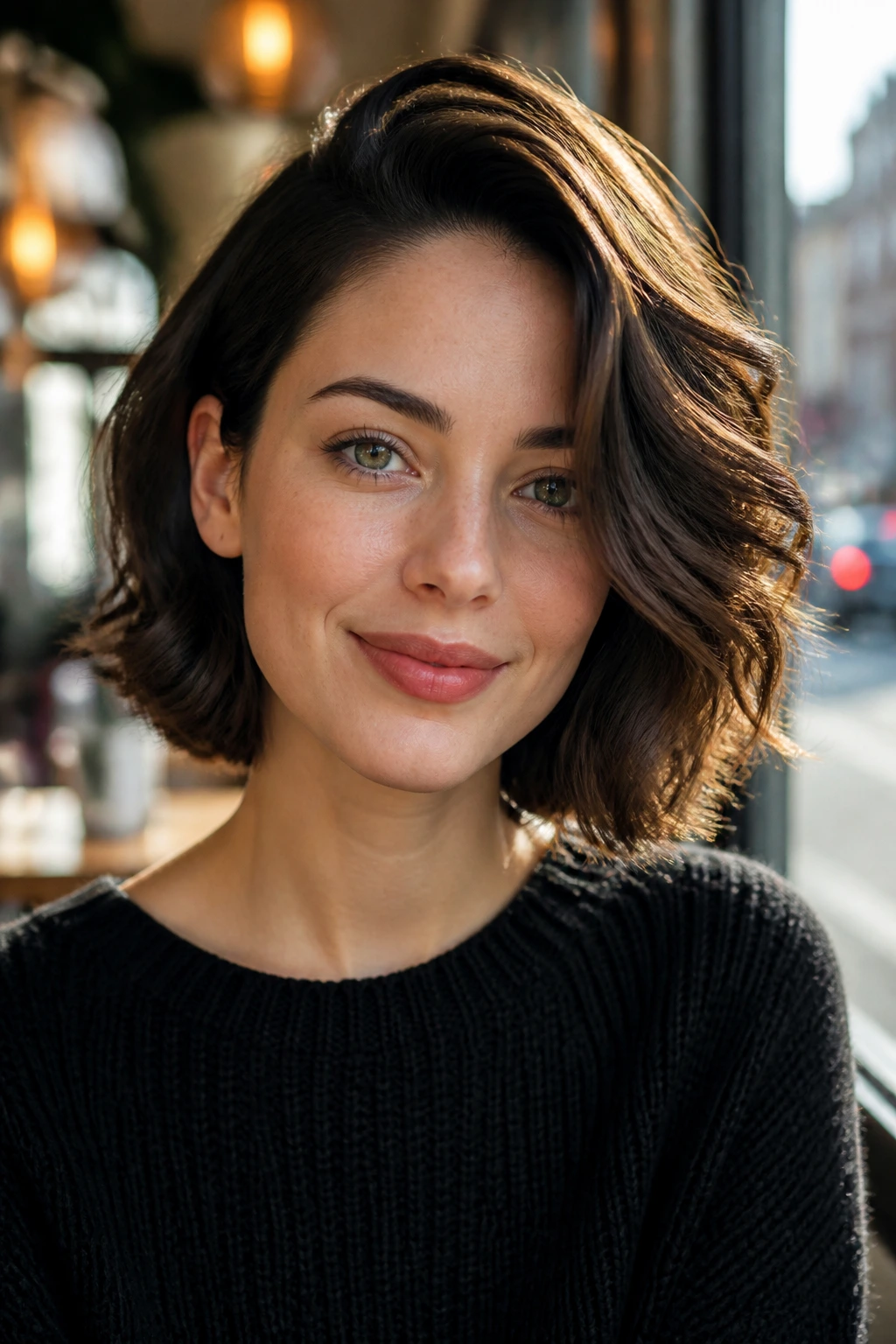 Deep side-parted wavy bob on a real woman