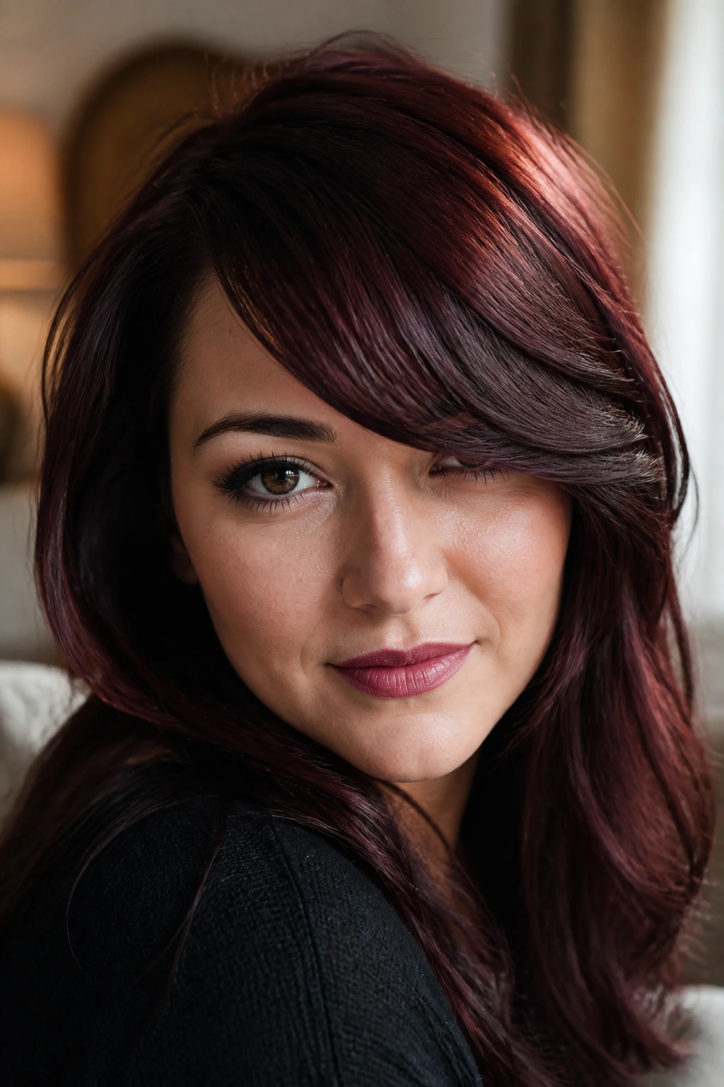 Close-up portrait of a real woman with deep side-swept bangs in dark maroon hair