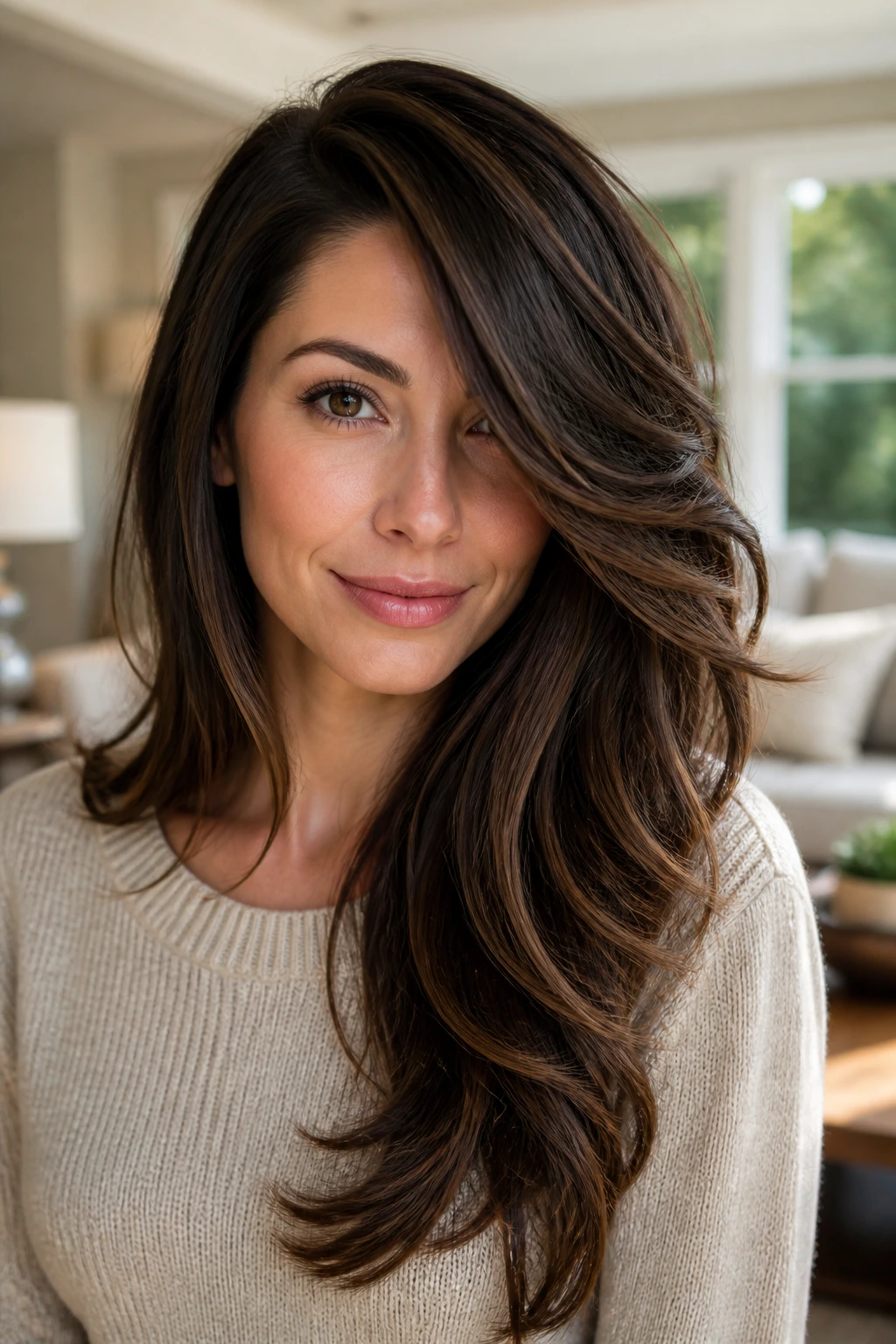 Close-up of a woman with deep side-swept cascade bangs in a sunlit living room