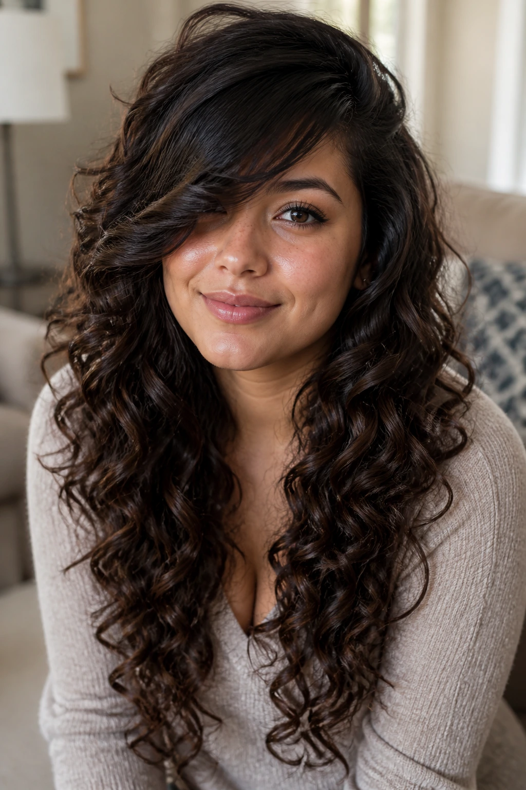 Real woman with deep side-swept bangs and cascading spiral curls in a softly lit room