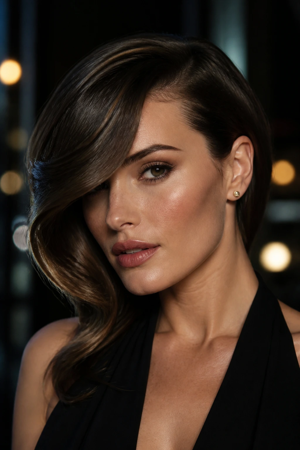 Close-up portrait of a woman with deep side-parted dramatic sweep bangs.