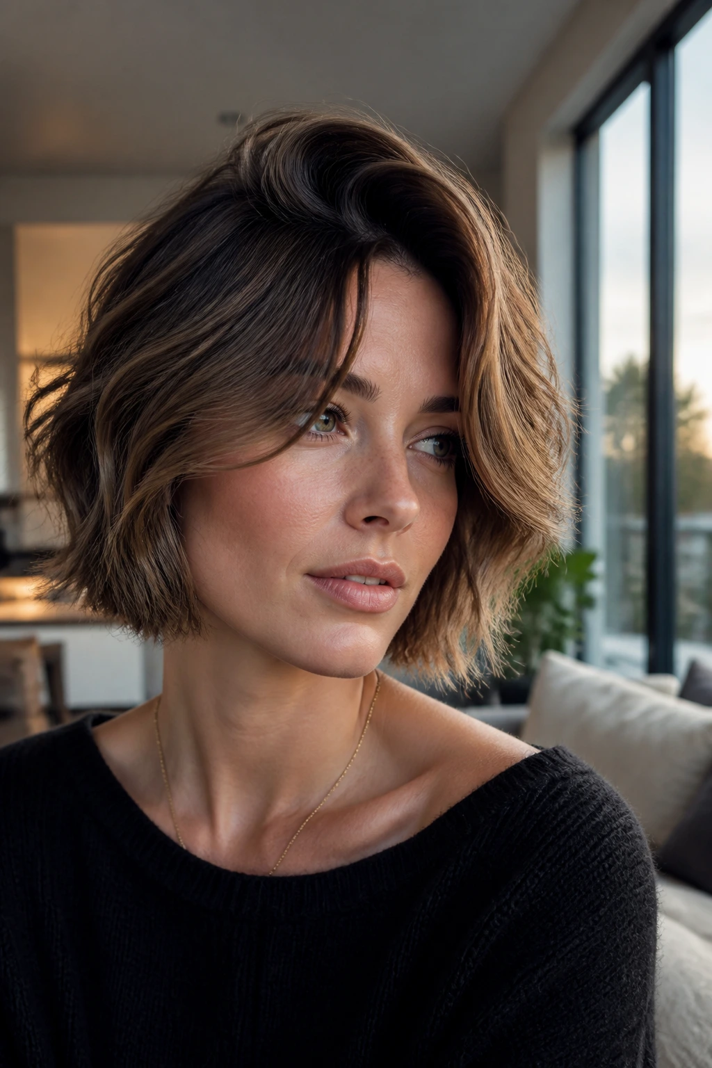 Portrait of a real woman with a deep side-part bob and curtain bangs