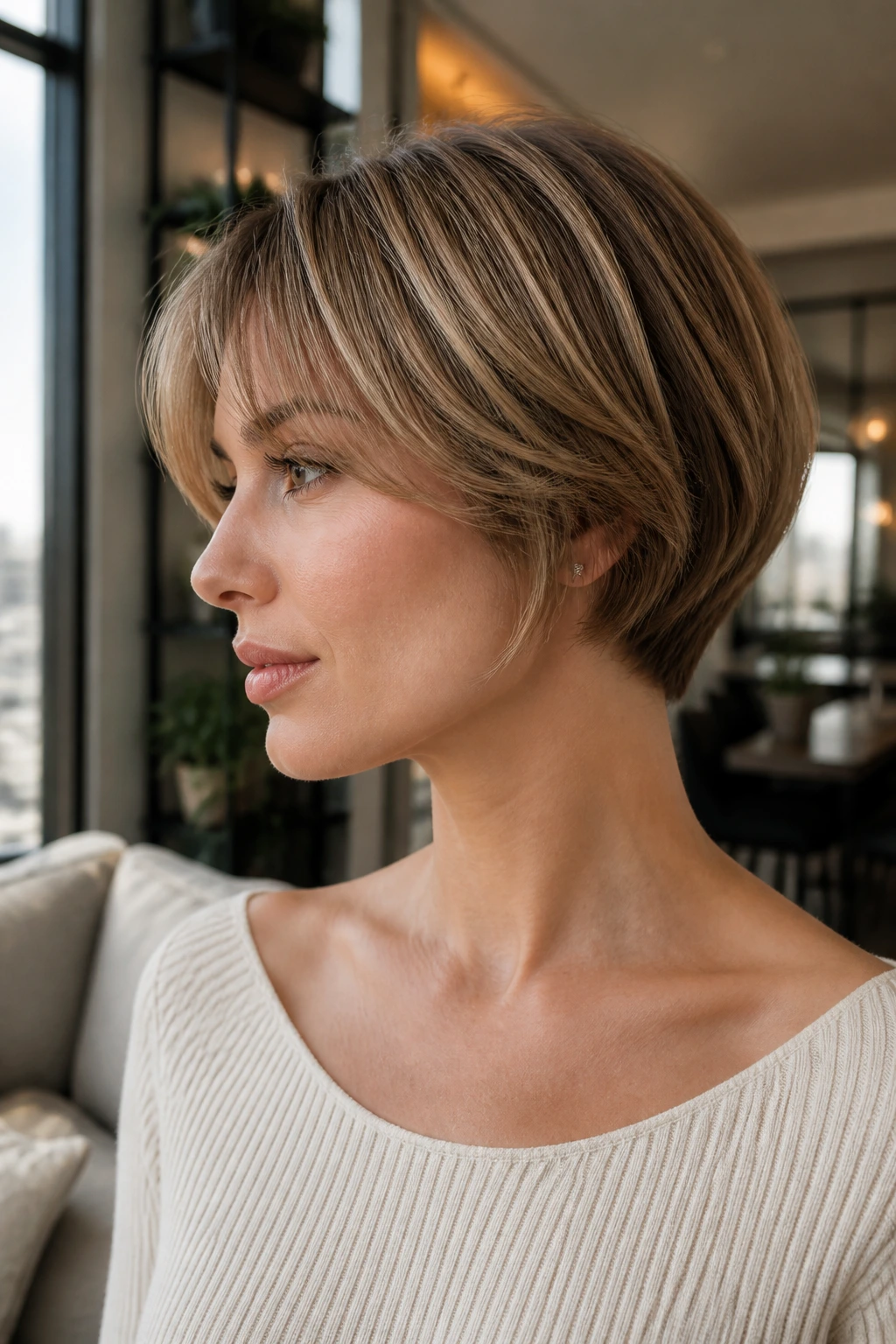 Real woman with deep-tapered bob in stylish home setting