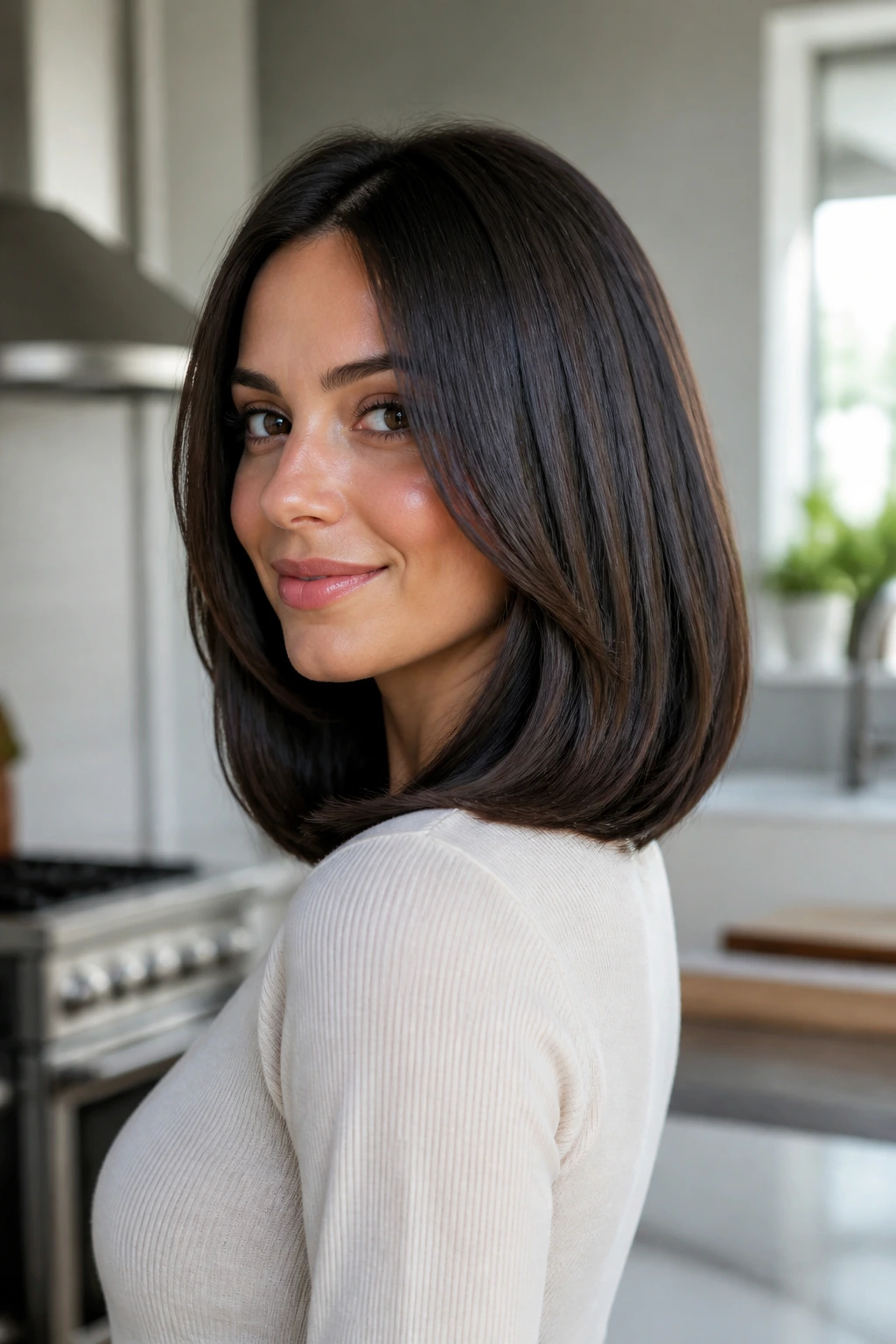 Medium close-up of a woman with a deep-tapered lob and under-curl ends in a bright kitchen