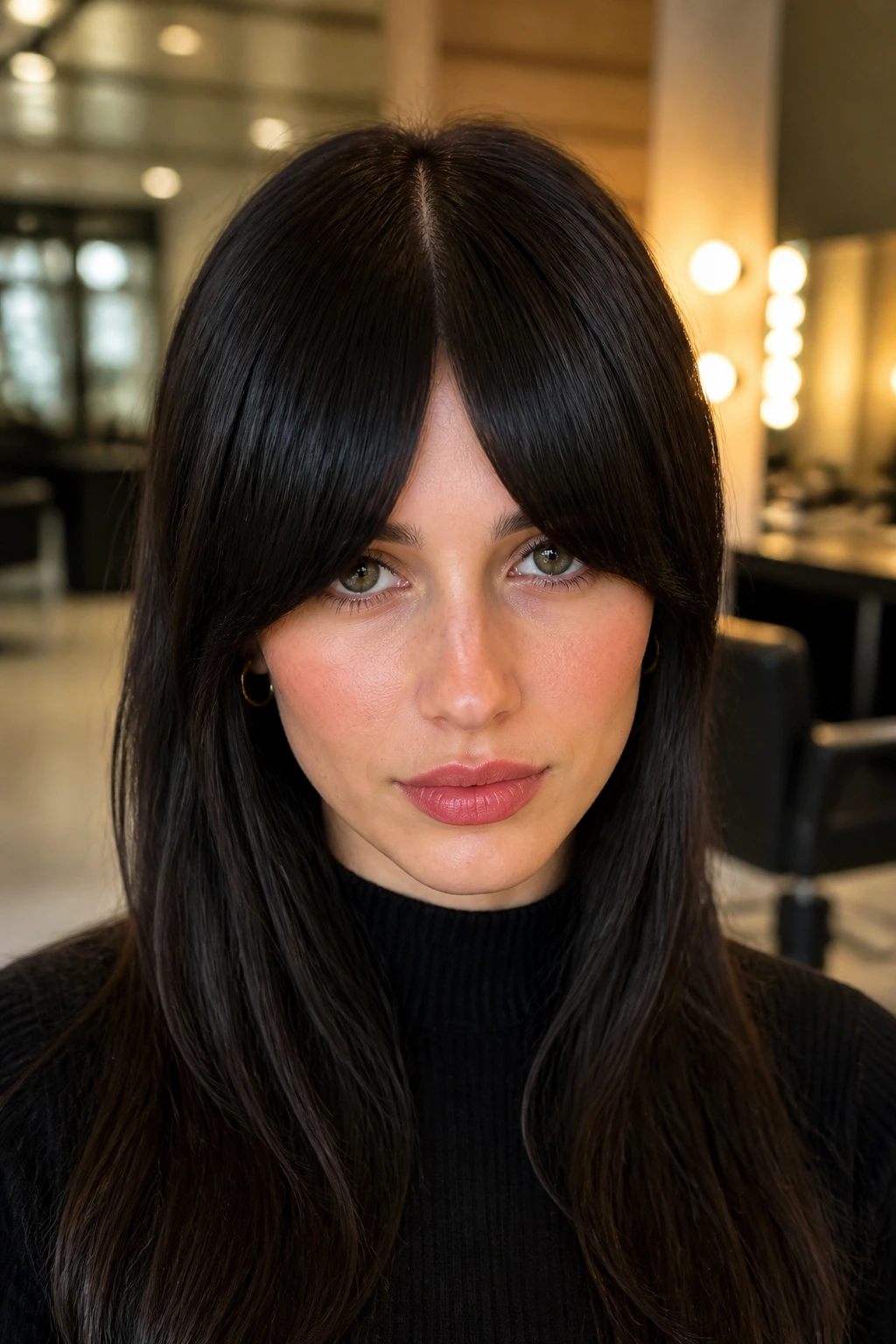 Portrait of a real woman with a high-crown deep-V fringe forming a thick front frame.