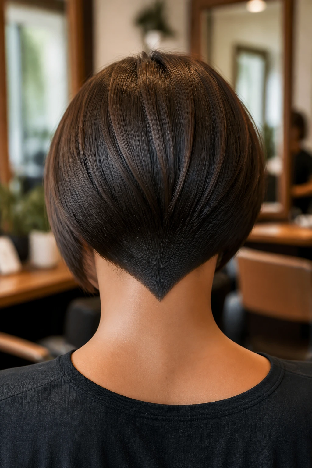 Back view close-up of a real woman's nape with a deep V haircut
