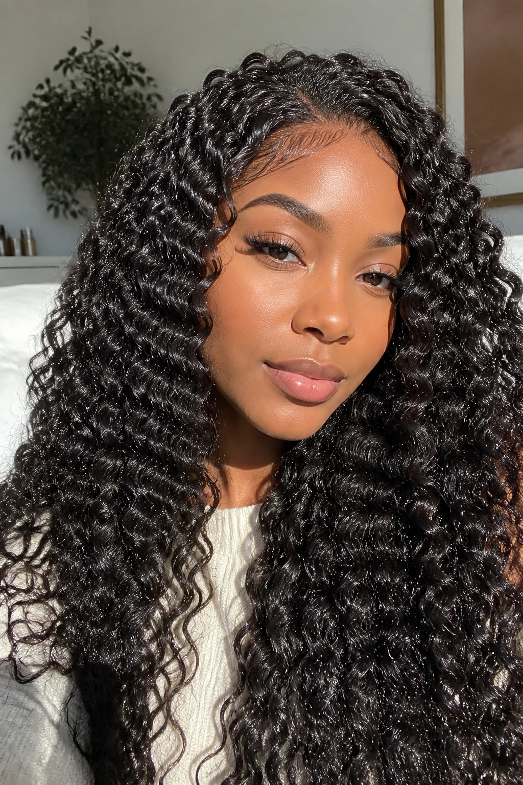 Close-up of a real woman with Deep Wave Bohemian Curls, glossy beachy waves filling the frame