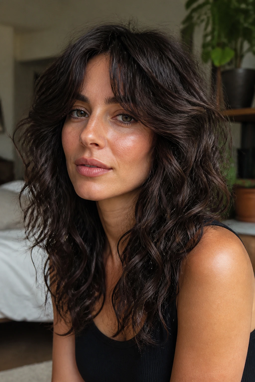 Close-up portrait of a real woman with deep-wave shag and curtain bangs