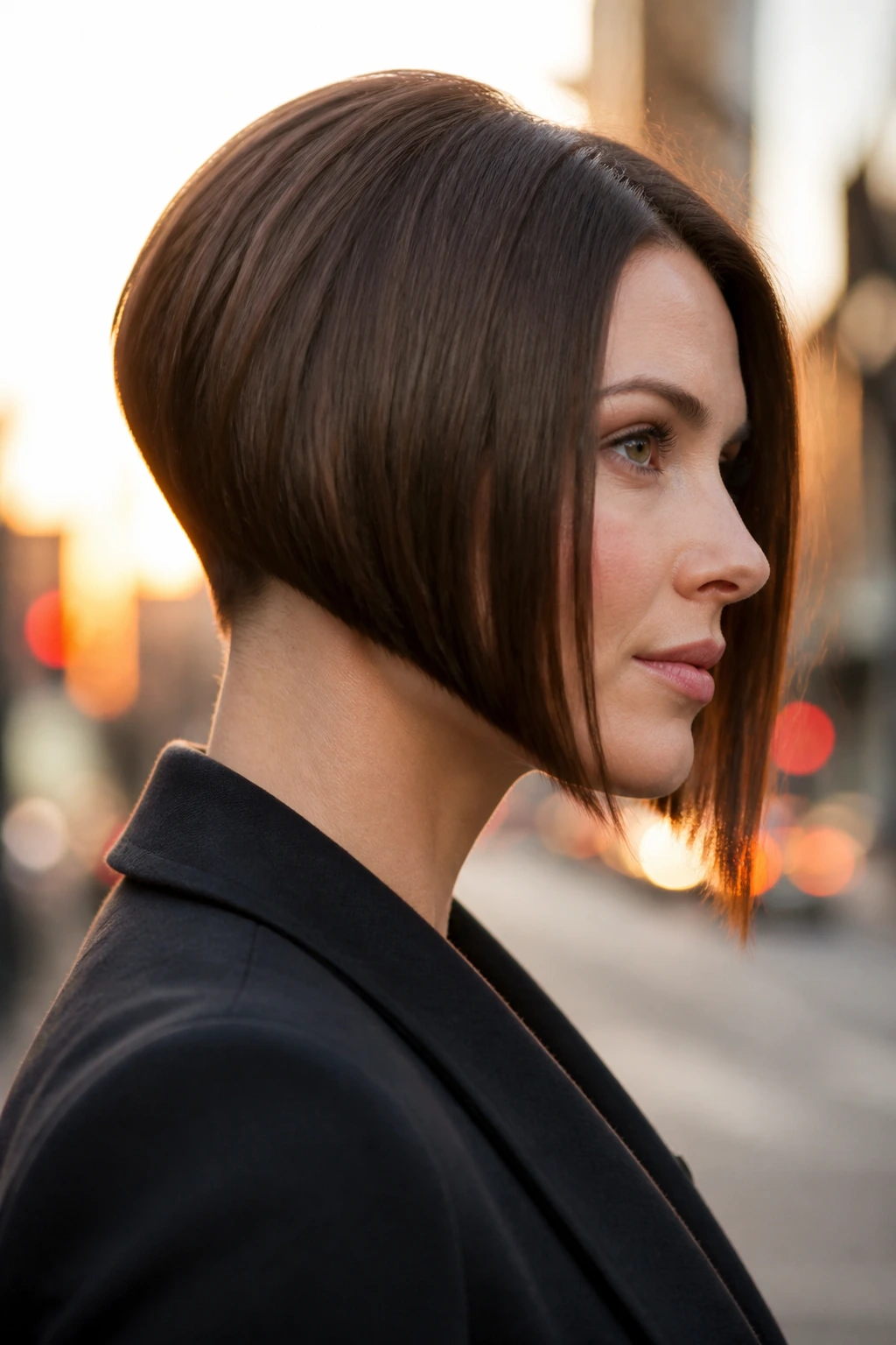 Portrait of a real person with a deeply inverted bob showing long front and short back