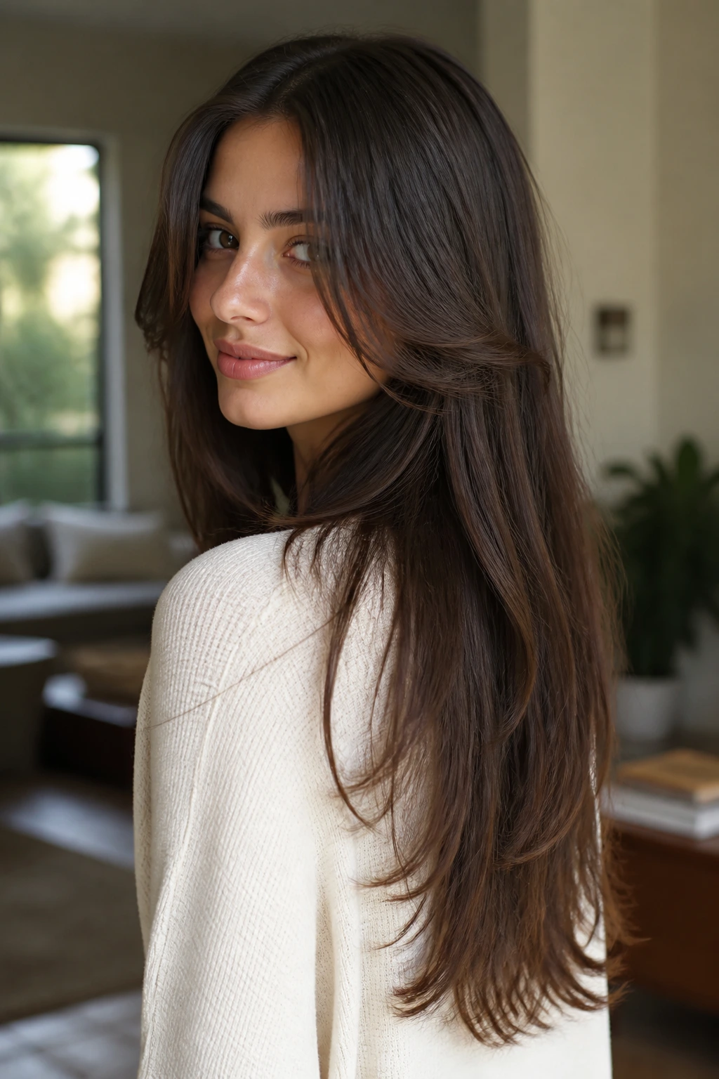 Close-up of a real woman with deeply layered long cut cascading from the chin