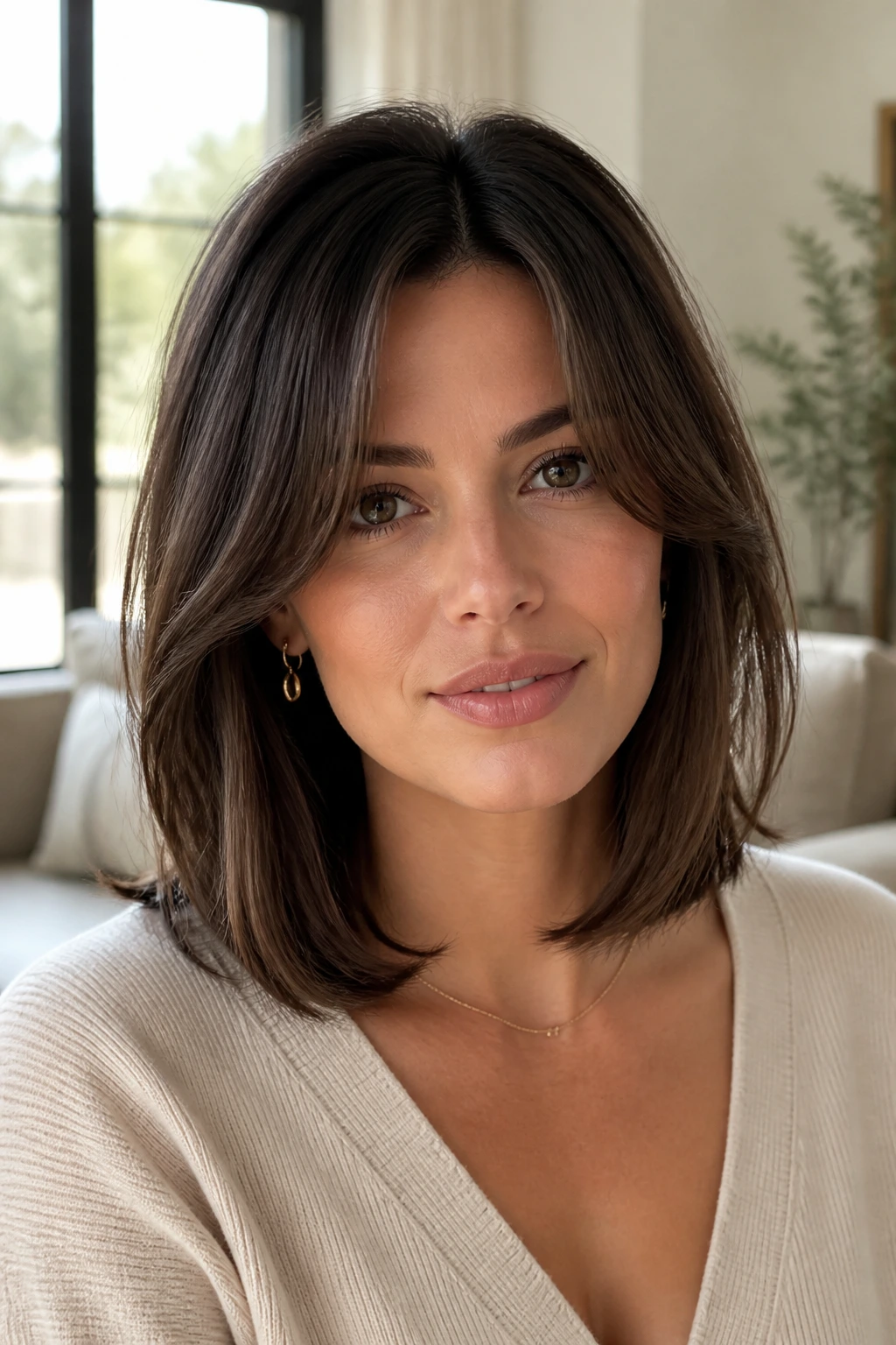 Real woman with deeply parted long bob and curtain bangs in natural daylight