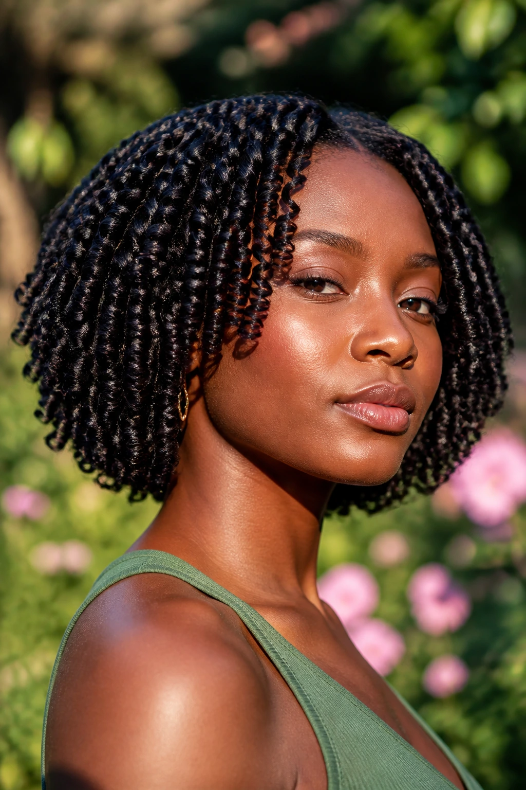 Portrait of person with defined coils forming a neat bob in soft outdoor light