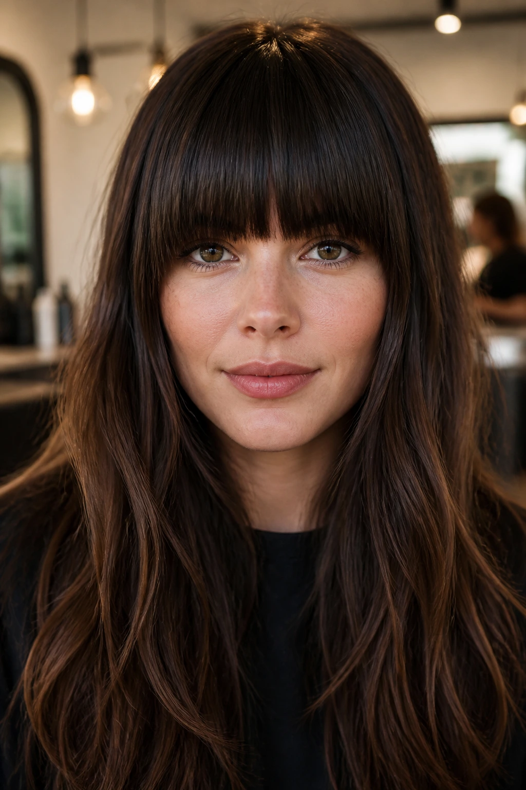 Close-up of a real person with a dense blunt fringe forming a solid wall across the forehead