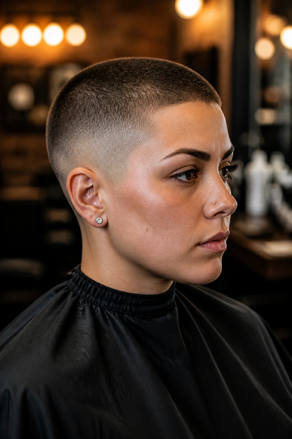 Close-up portrait of a real person with a dense buzz cut and subtle fade in a barbershop setting