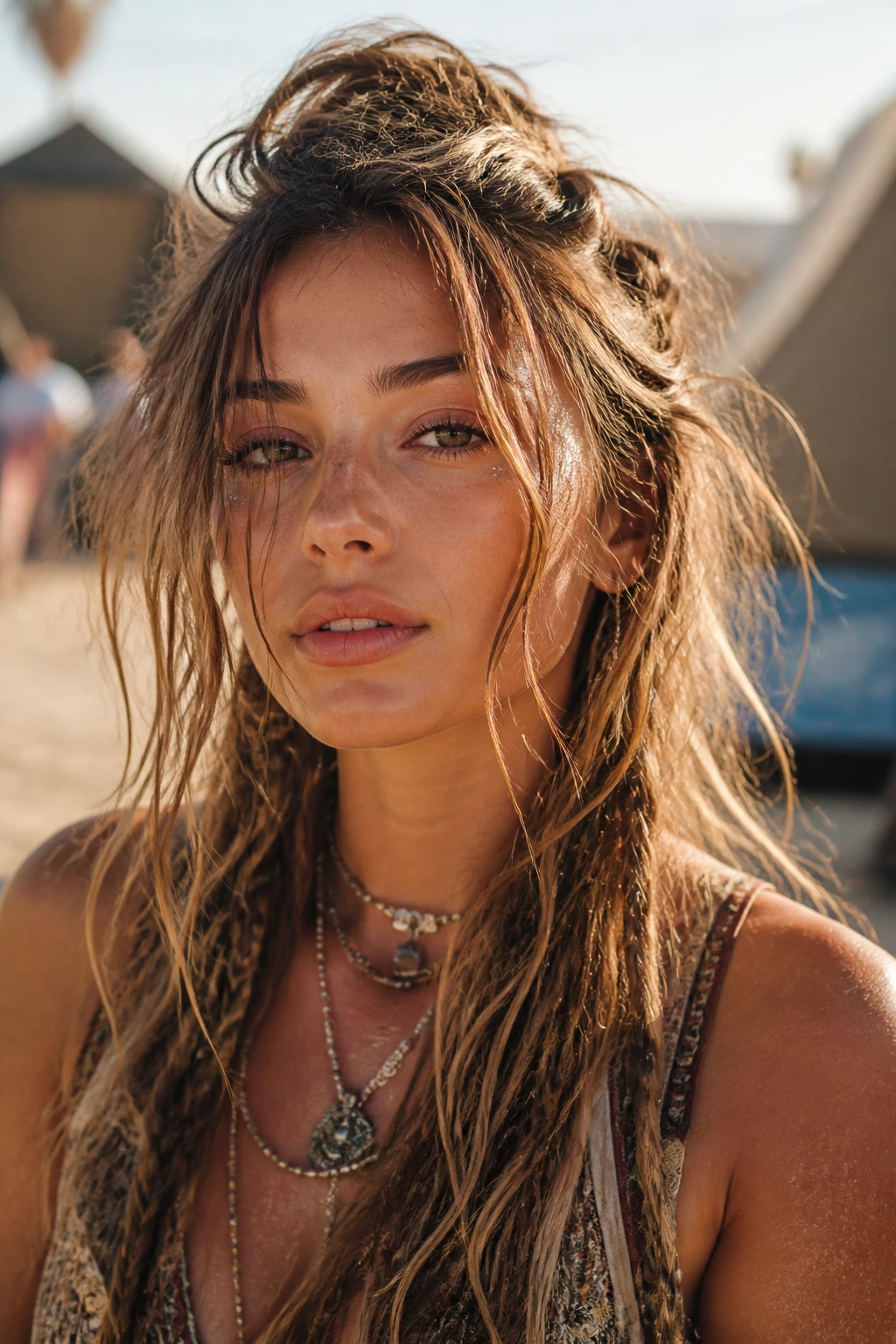 Real person with wind-swept desert hair under golden hour light