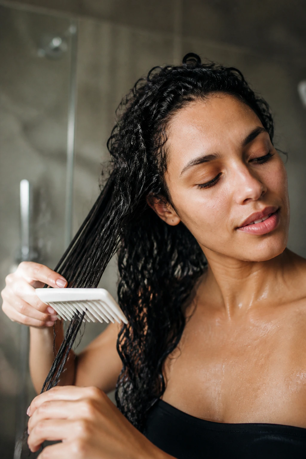 Close-up of real woman with curly hair detangling wet curls with a wide-tooth comb.