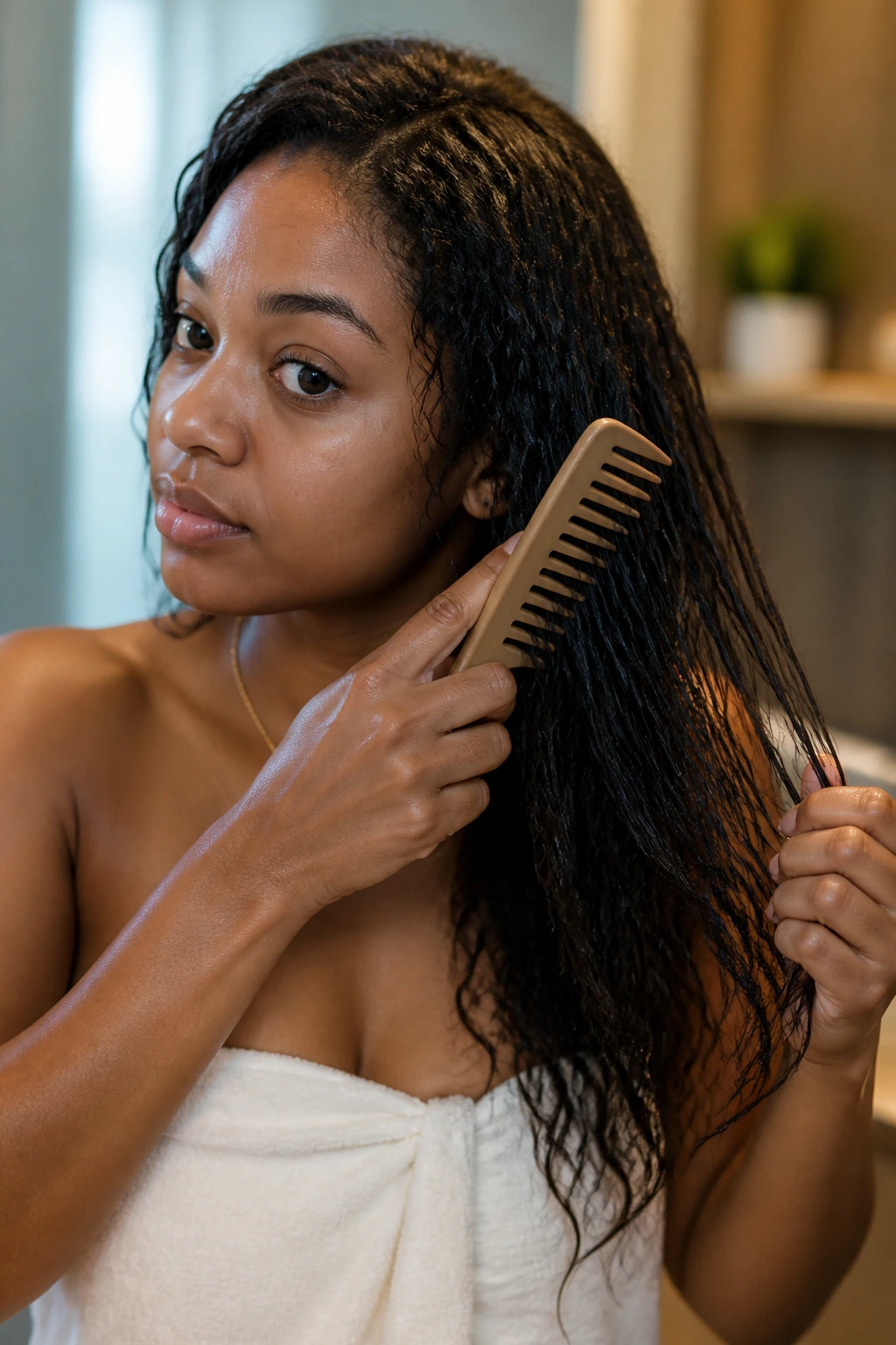 Close-up of a real woman detangling her post-braids hair with a wide-tooth comb