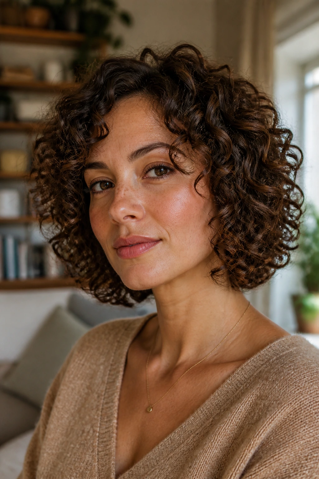 Close-up of a real woman with a Deva-Cut bob showing mid-length thinning in a warm living room