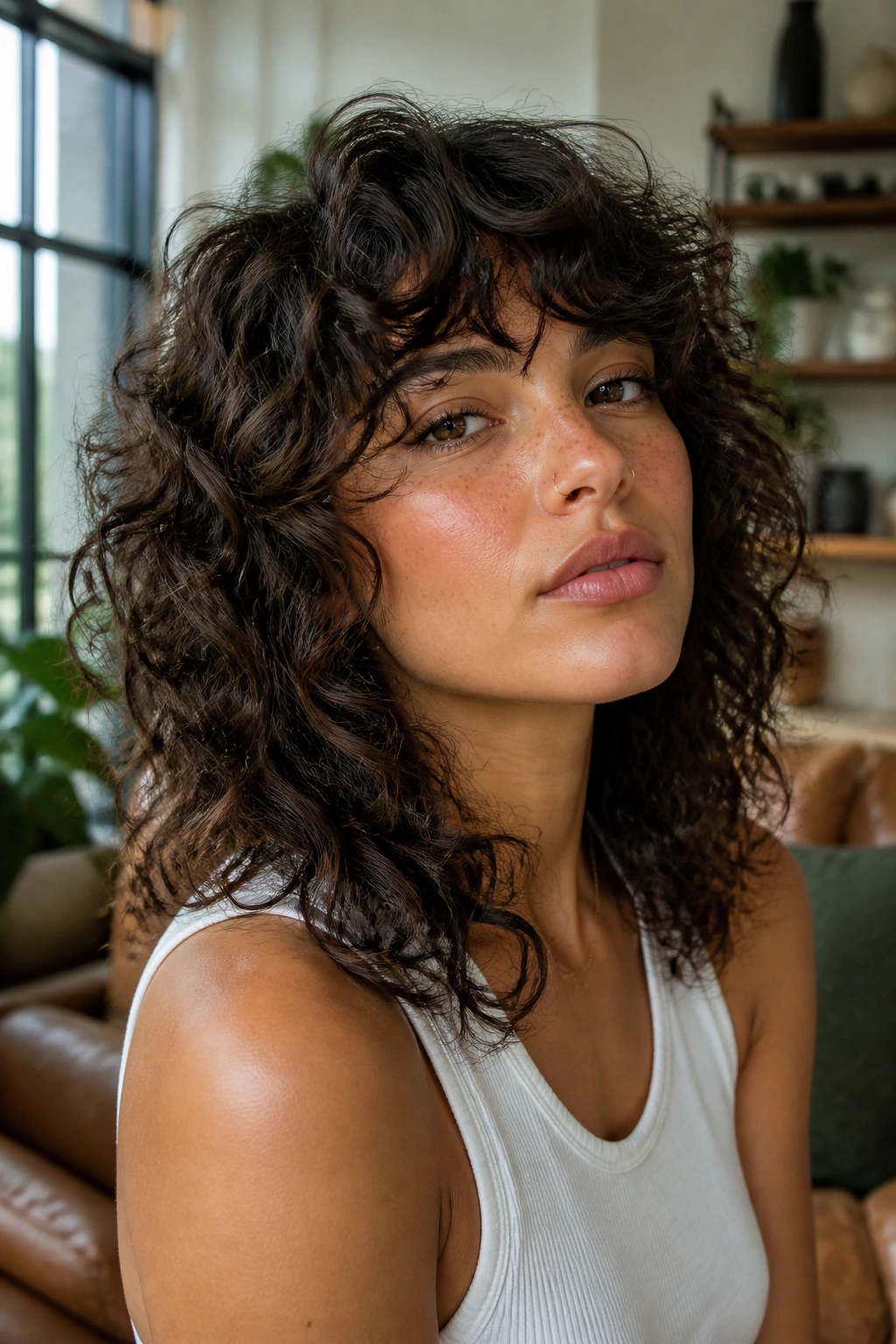 Close-up portrait of a real woman with shoulder-length curly Deva-Cut shag.