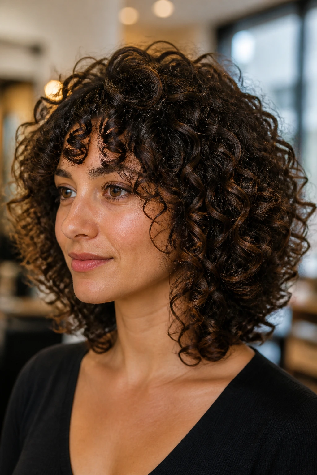 Close-up portrait of a woman with curly DevaCut hairstyle in a salon.
