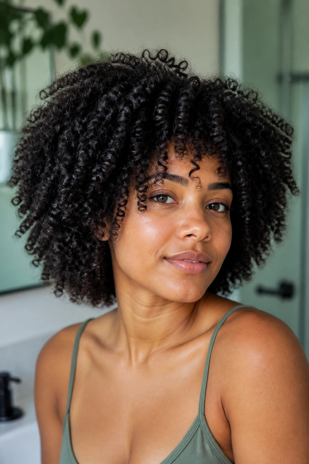 Portrait of a person with dense coils styled in a Devacut