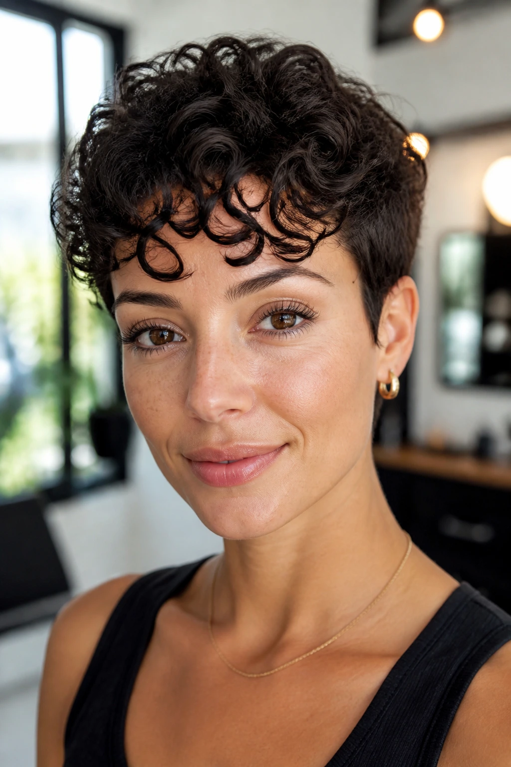 Close-up of DevaCut pixie with finger-coiled bangs on a real person in a bright salon.