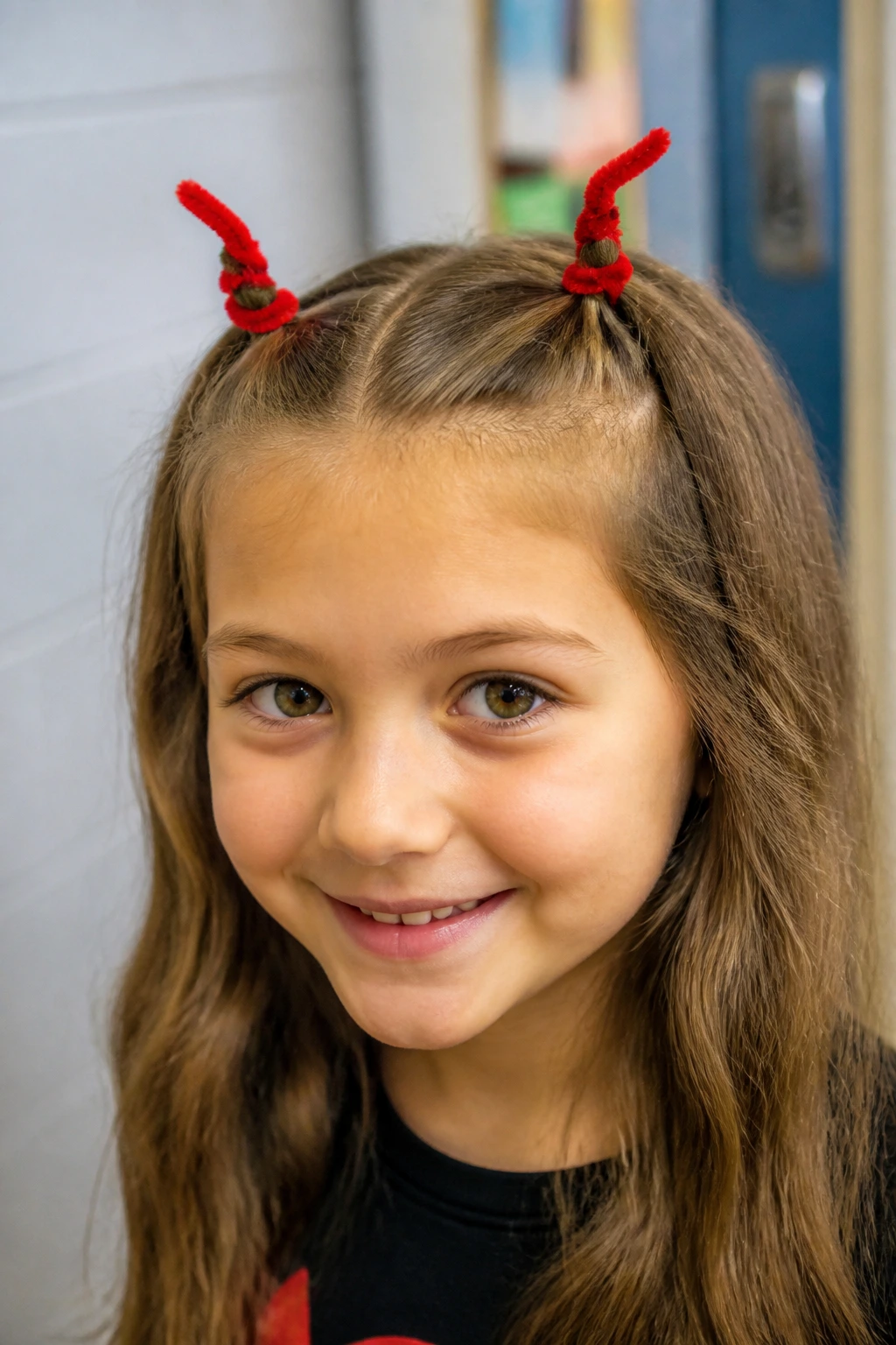 Close-up of child with red pipe-cleaner devil horns at the front.