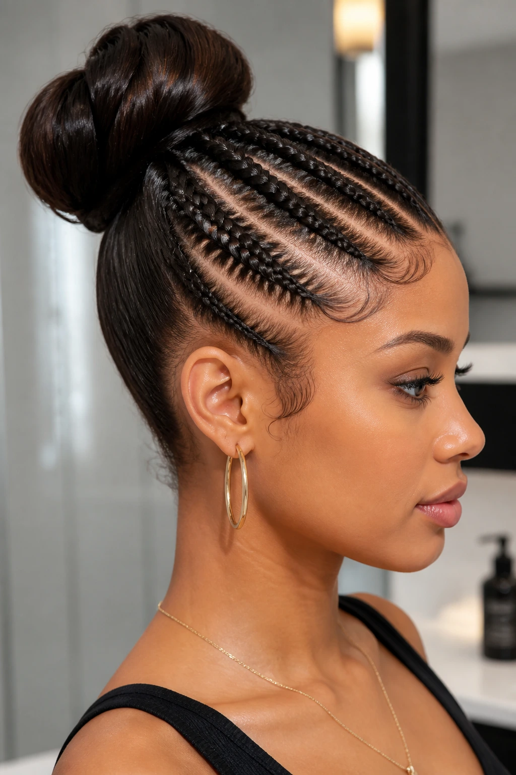 Profile of a real woman with diagonal cornrows into a sleek bun