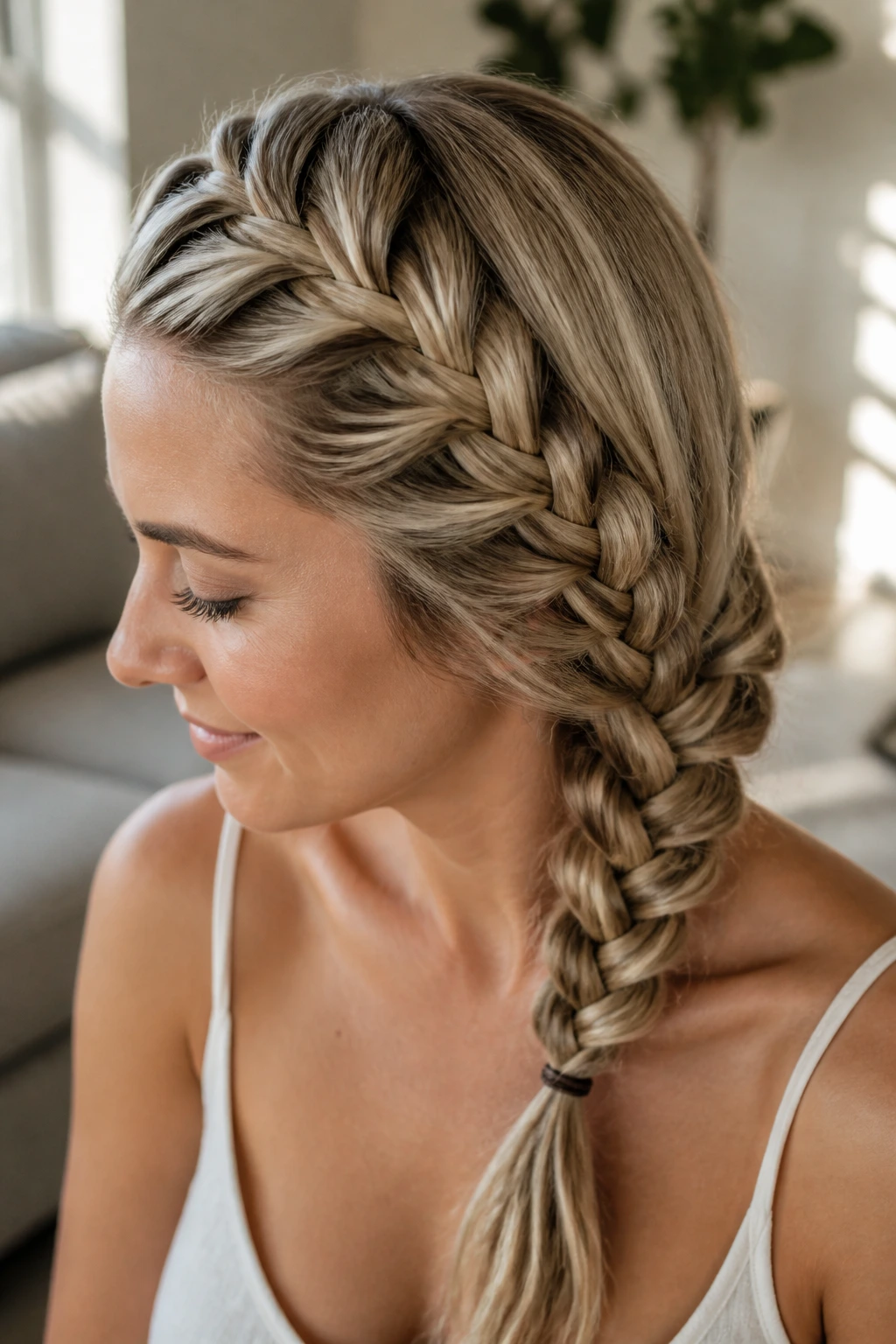 Close-up of real woman with a diagonal Dutch braid across the head.