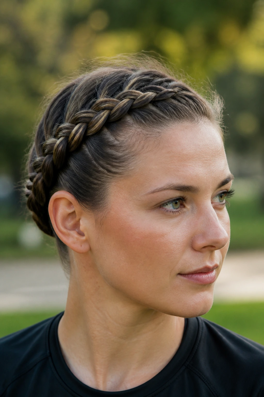 Close-up portrait of a real woman with a diagonal Dutch braid starting at the temple and sweeping behind the ear