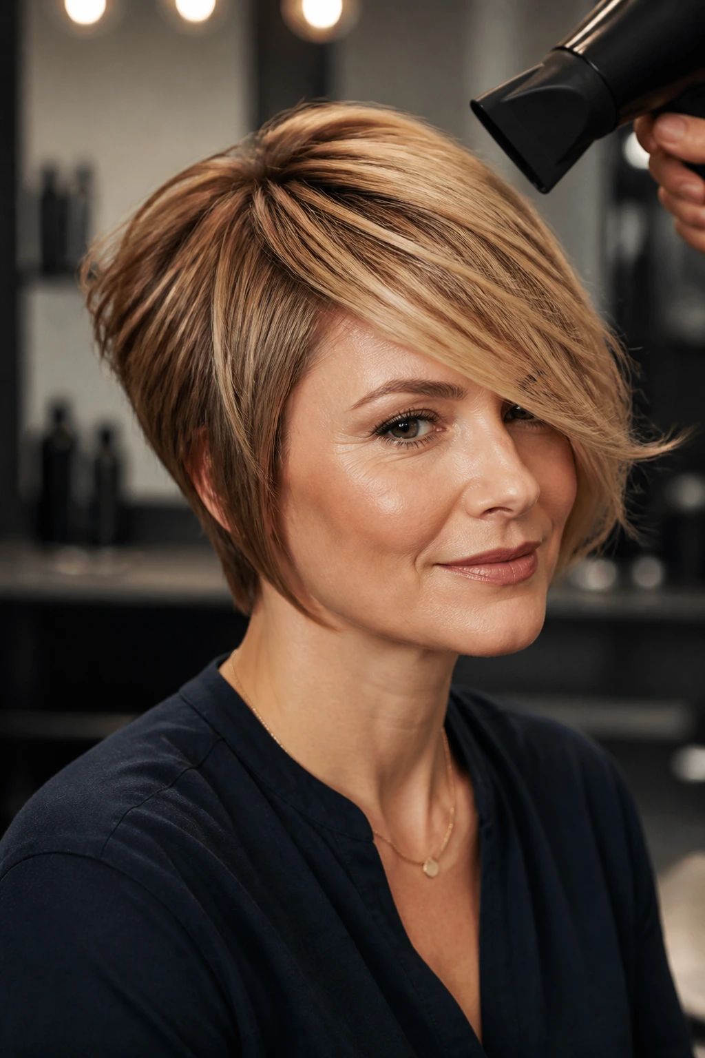 Close-up portrait of a real person with diagonal forward-swept stacked hair