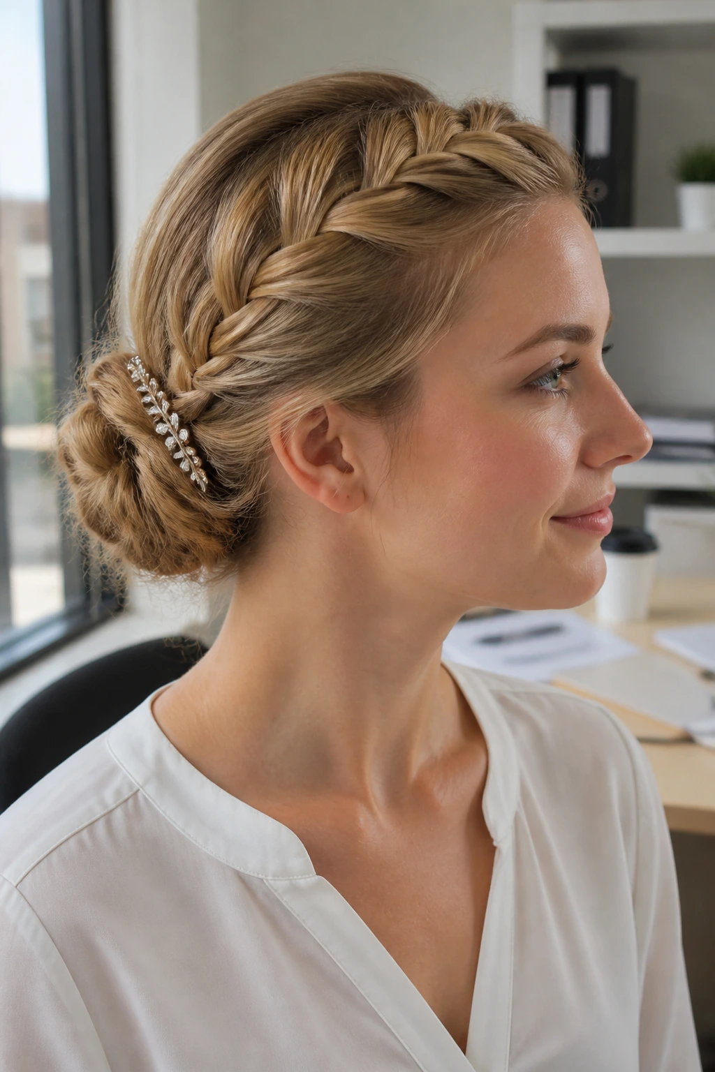 Portrait of a real person with a diagonal French braid into a side bun