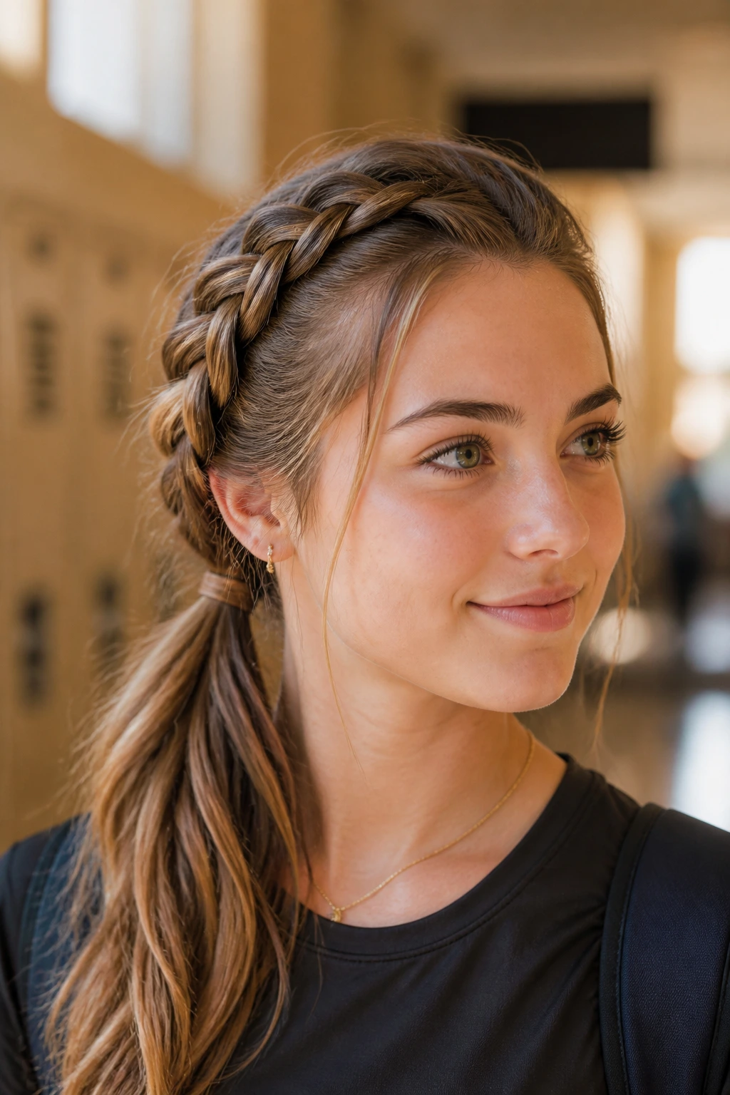 Close-up portrait of a real woman showing a diagonal French braid into a side ponytail in a sunlit school hallway