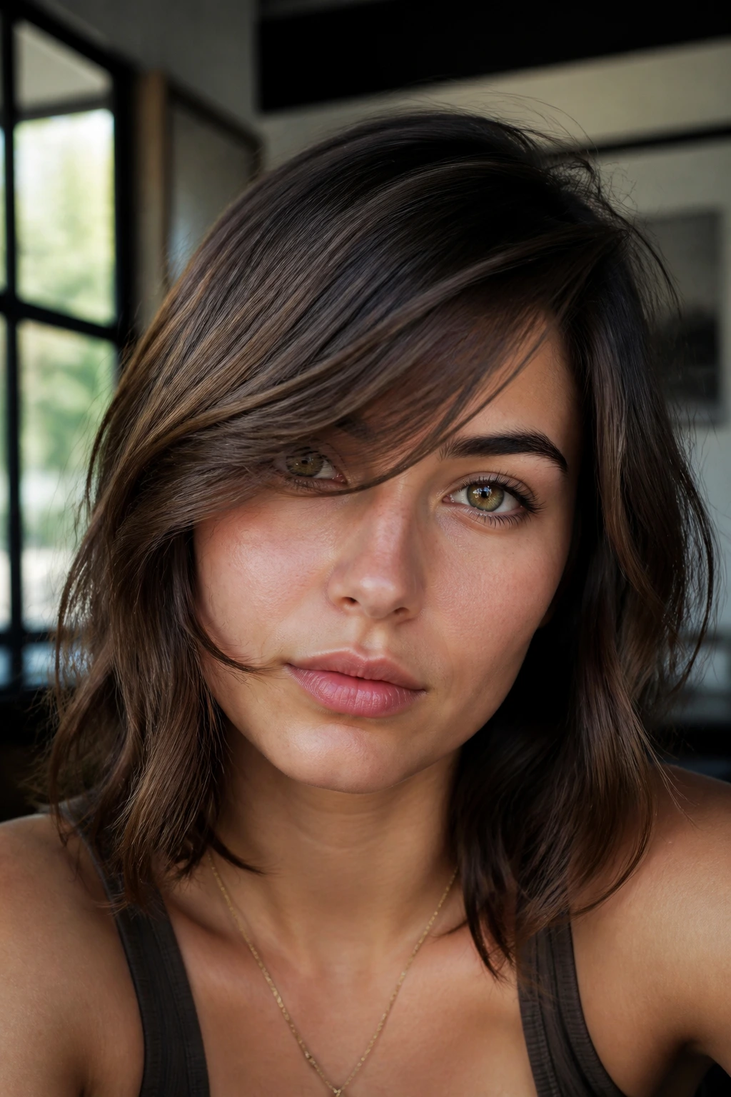 Close-up of a real person with a bold diagonal sweeping fringe