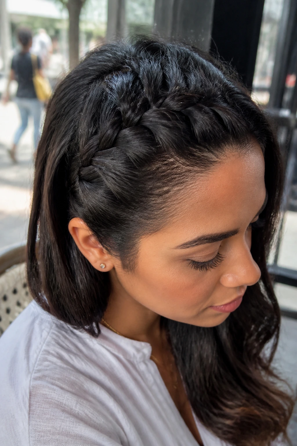 Side-profile close-up of a real woman with a diagonal invisible braid from temple to ear on thick hair.