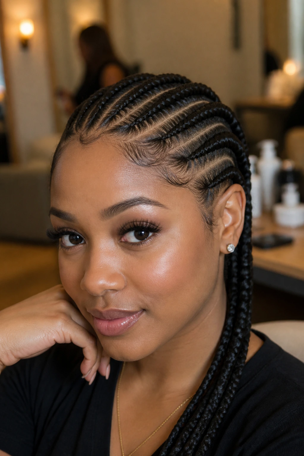 Close-up of diagonal-part cornrows on a real person.