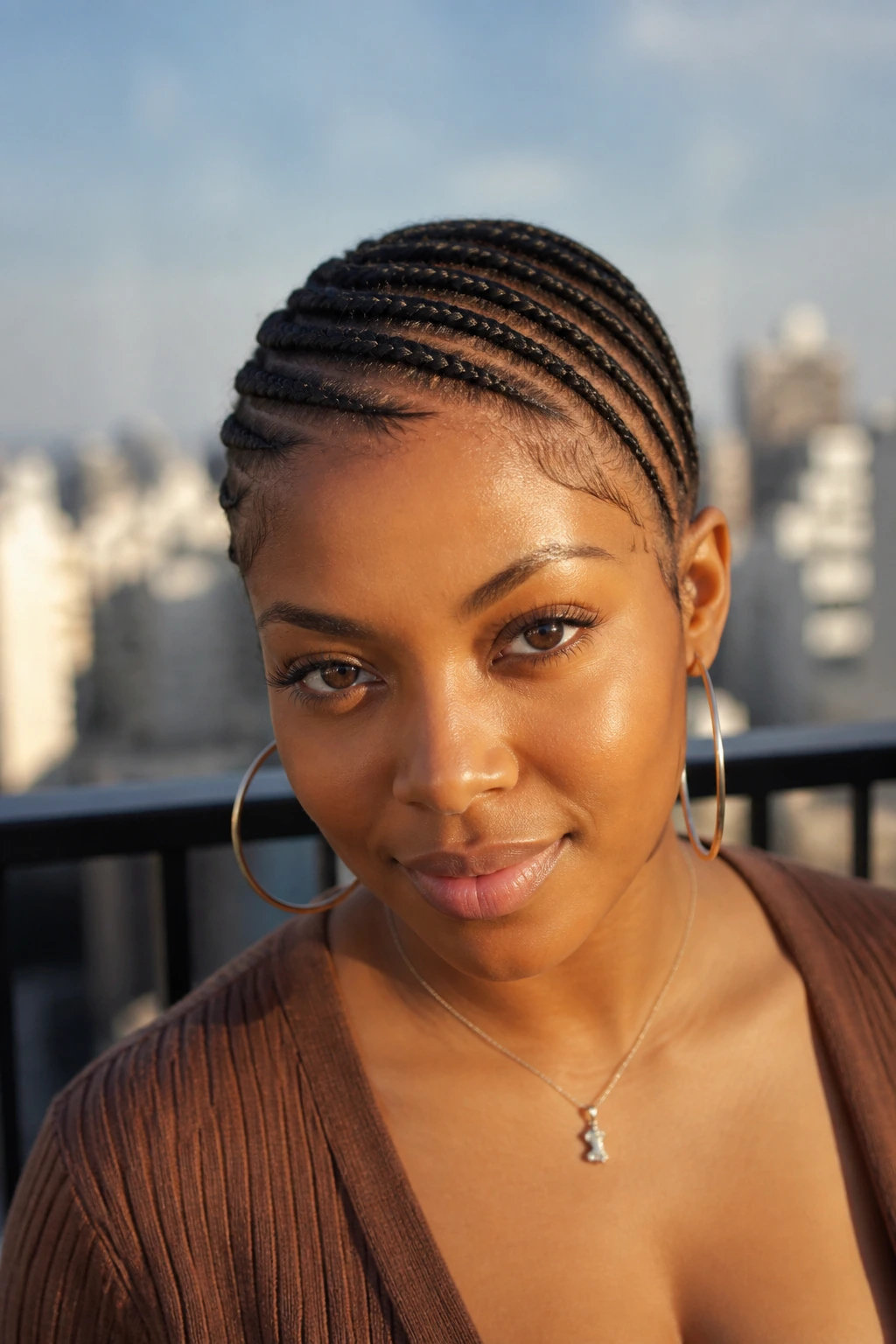 Real woman with diagonal slant cornrow foundation for crochet braids, close-up.